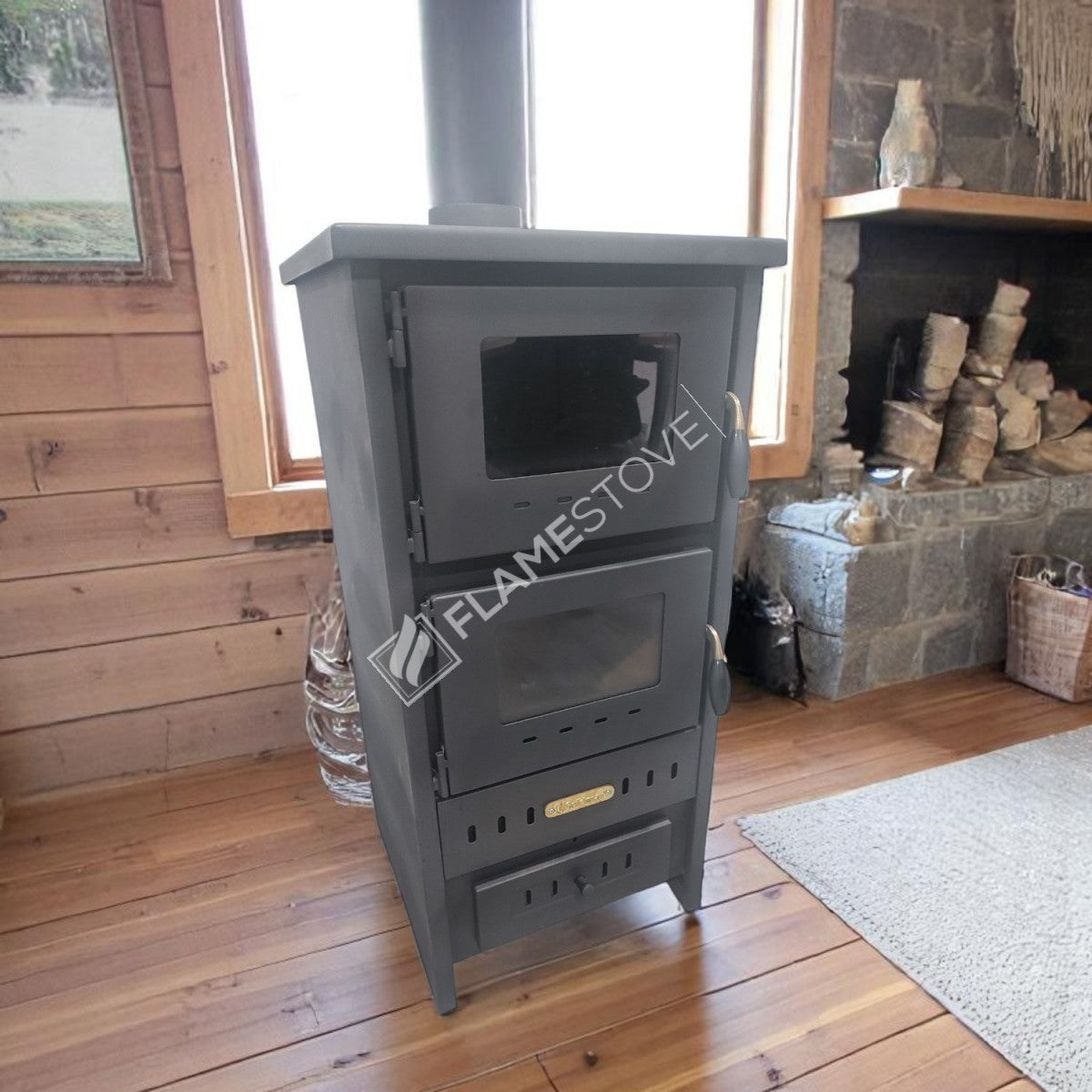 Flame Stove S3 Çelik Fırınlı Soba: Ateş Tuğlalı, Maşa, Odunluk Seti