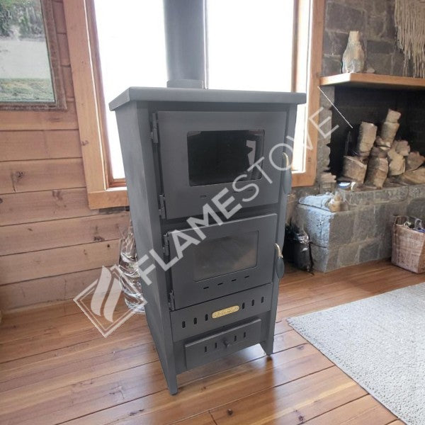 Flame Stove S3 Çelik Dış Yüzey Ateş Tuğlalı Fırınlı Soba, Maşa ve Odunluk