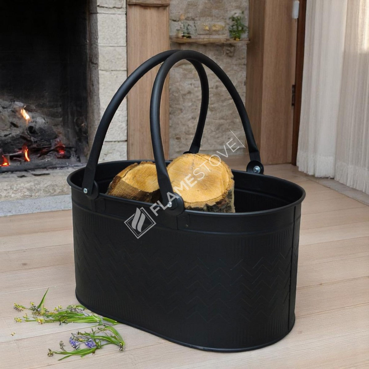 Dayanıklı Mat Siyah Oval Odun Kovası, Çift Kulplu, İç ve Dış Mekan Kullanımı