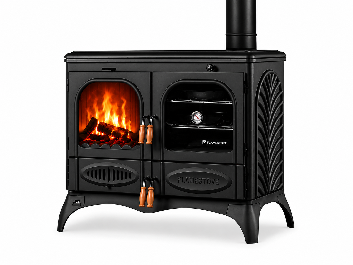 FS-066 Flame Stove Palmiye Döküm Kuzineli Soba: 3 Katlı Fırın, Yan Cam, 15kW Çift Yanmalı
