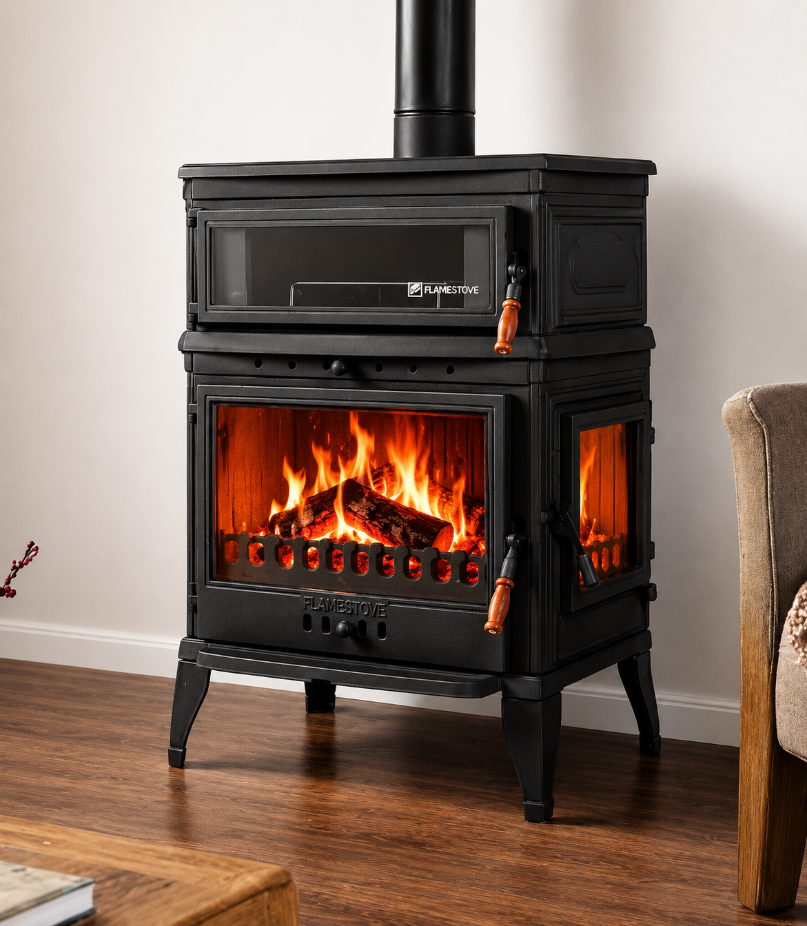 FS-045YK Flame Stove Retro Lux Emaye Fırınlı Döküm Odun Kömür Sobası Yan Kapaklı Yüksek Verimli.