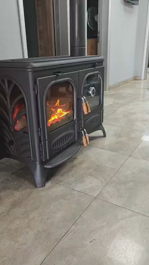 FS-066 Flame Stove Palmiye Döküm Kuzineli Soba: 3 Katlı Fırın, Yan Cam, 15kW Çift Yanmalı